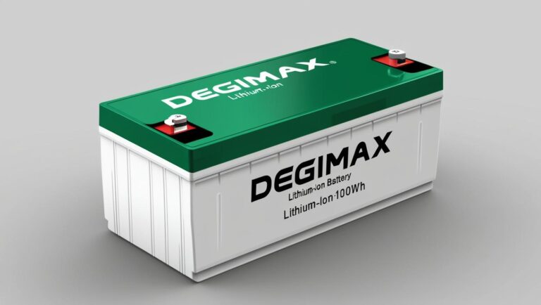 lithium battery big size with the Degimax brand name and model any , white and green normal battery design